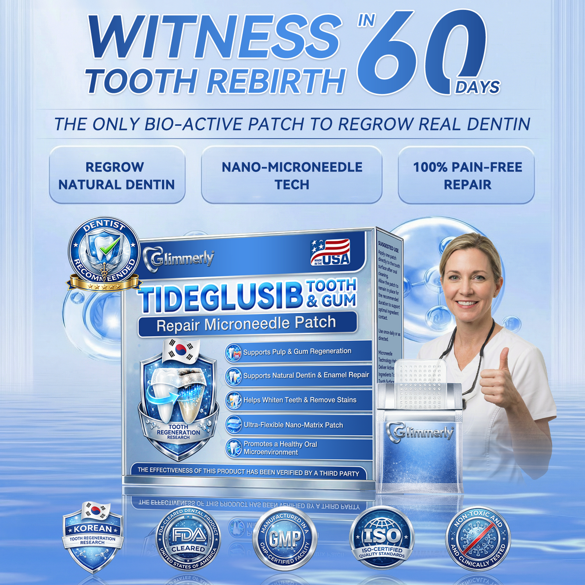 🌻𝐆𝐥𝐢𝐦𝐦𝐞𝐫𝐥𝐲® 🦷 Parche de microagujas con Tideglusib para la reparación de dientes y encías  3.0