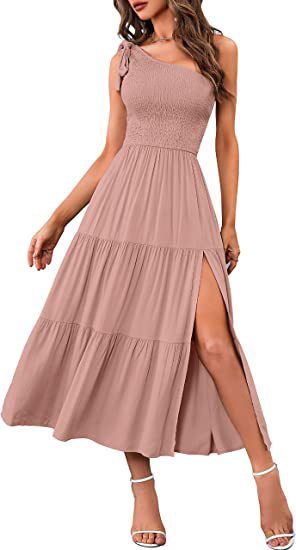 2026 New Summer Fashion Women's One-shoulder Pleated Layered Hem Split Dress